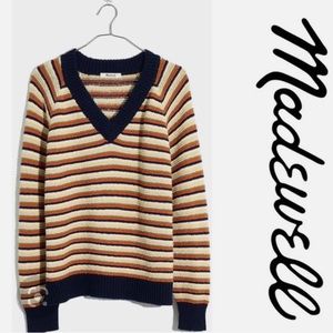 NWT Madewell V-neck Crop Pullover Sweater Striped Tan Brown Large